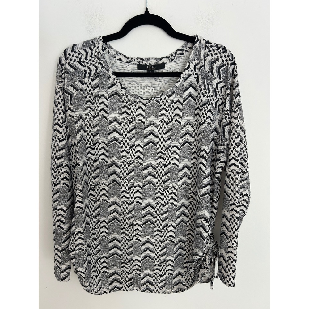 Toni Morgan Womens XL Black White Geometric Chevron Print Ruched Long Sleeve Top